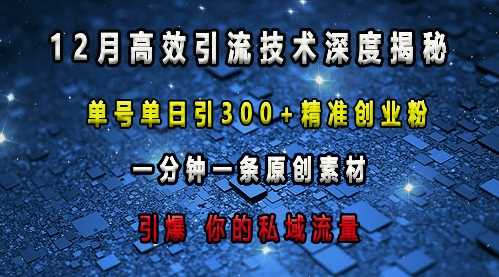 最新高效引流技术深度揭秘 ，单号单日引300+精准创业粉，一分钟一条原创素材，引爆你的私域流量-百川聊项目