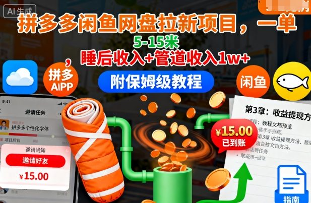 拼多多闲鱼网盘拉新项目，一单5-15米，睡后收入+管道收入1w+(附保姆级教程)-百川聊项目