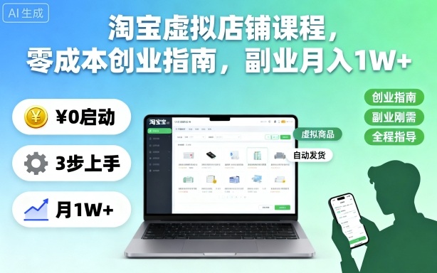 淘宝虚拟店铺课程，零成本创业指南，副业月入1W+-百川聊项目