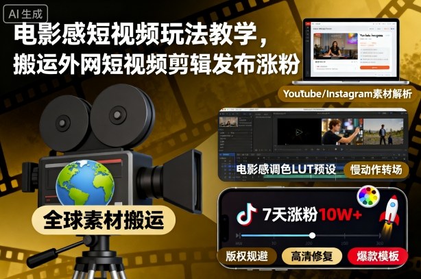 电影感短视频玩法教学，搬运外网短视频剪辑发布涨粉-百川聊项目