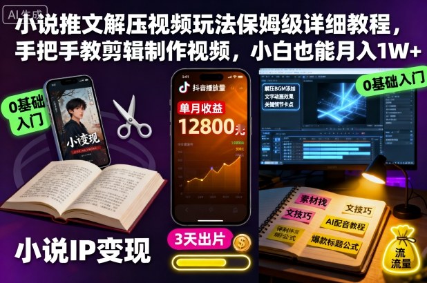 小说推文解压视频玩法保姆级详细教程，手把手教剪辑制作视频，小白也能月入1W+-百川聊项目