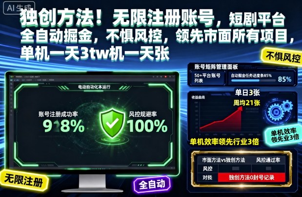 独创方法！无限注册账号，短剧平台全自动掘金，不惧风控，领先市面所有项目，单机一天3张【揭秘】-百川聊项目