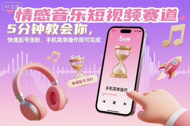 情感音乐短视频赛道，5分钟教会你，快速起号涨粉，手机简单操作即可完成-百川聊项目