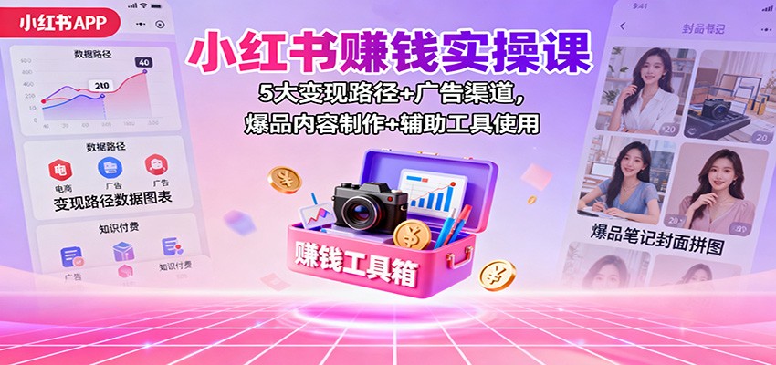 小红书赚钱实操课：5大变现路径+广告渠道，爆品内容制作+辅助工具使用-百川聊项目