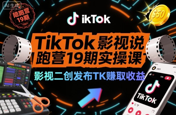 TikTok影视解说陪跑营19期实操课，影视二创发布TK賺取收益，万播收益50美金-百川聊项目