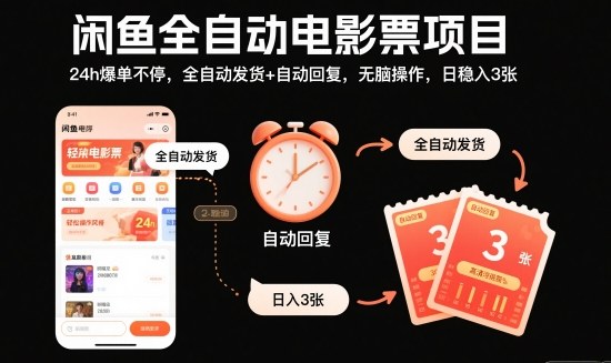 闲鱼全自动电影票项目，24h爆单不停，全自动发货+自动回复，无脑操作，日稳入3张【揭秘】-百川聊项目