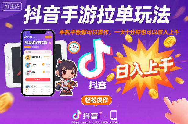 抖音手游拉单玩法，手机平板都可以操作，一天十分钟也可以收入上K【揭秘】-百川聊项目