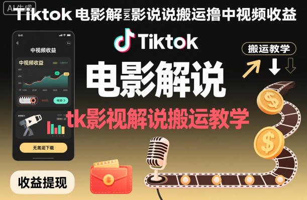 Tiktok电影解说搬运撸中视频收益，tk影视解说搬运教学-百川聊项目