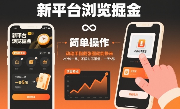 新平台浏览掘金，动动手指截张图就能挣米，2分钟一单，不限时不限量，一天5张【揭秘】-百川聊项目