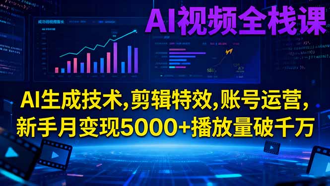 AI视频全栈课:AI生成技术,剪辑特效,账号运营,新手月变现5000+播放量破千万-百川聊项目