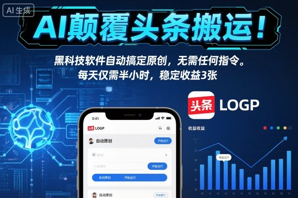 AI颠覆头条搬运！黑科技软件自动搞定原创，无需任何指令。每天仅需半小时，稳定收益3张【揭秘】-百川聊项目