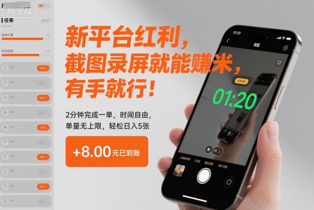新平台红利，截图录屏就能賺米，有手就行！2分钟完成一单，时间自由，单量无上限，轻松日入5张【揭秘】-百川聊项目