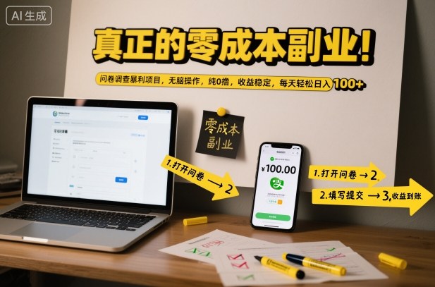 真正的零成本副业！问卷调查暴利项目，无脑操作，纯0撸，收益稳定，每天轻松日入100+【揭秘】-百川聊项目