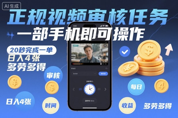 正规视频审核任务，一部手机即可操作，20秒完成一单，日入4张，多劳多得【揭秘】-百川聊项目