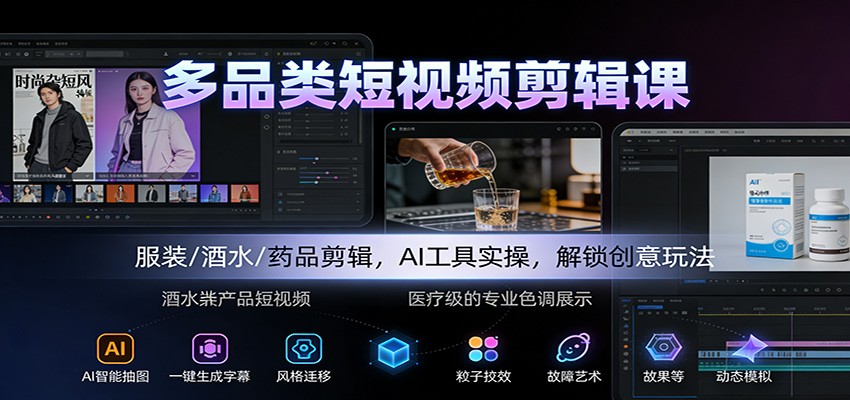 多品类短视频剪辑课：服装/酒水/药品剪辑，AI工具实操，解锁创意玩法-百川聊项目