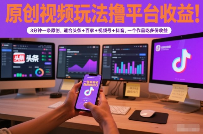 原创视频玩法撸平台收益,3分钟一条原创,适合头条+百家+视频号+抖音,一个作品吃多份收益-百川聊项目