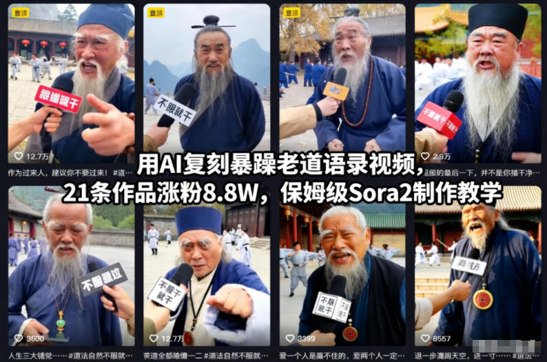 用AI复刻暴躁老道语录视频，21条作品涨粉8.8W，保姆级Sora2制作教学-百川聊项目