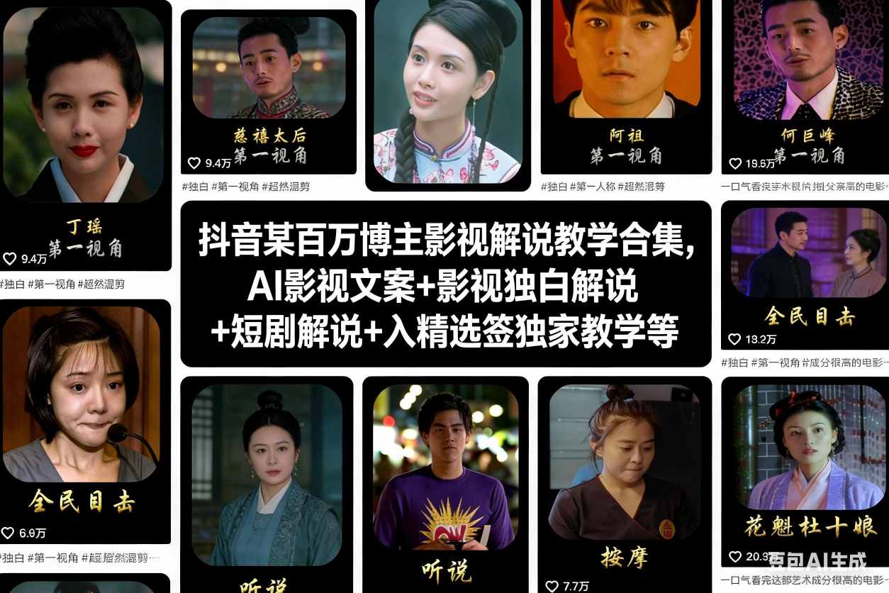 抖音某百万博主影视解说教学合集，AI影视文案+影视独白解说+短剧解说+入精选签独家教学等-百川聊项目