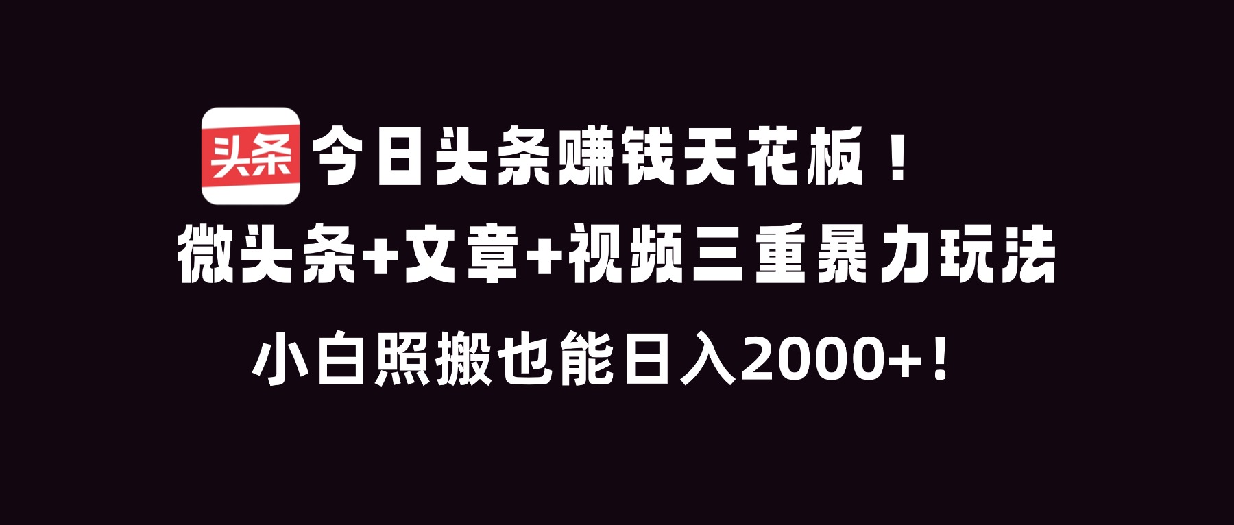 今日头条赚钱天花板！微头条+文章+视频三重暴利玩法，小白照搬也能日人2000+-百川聊项目