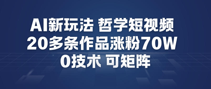 AI新玩法哲学短视频制作教学,20多条作品涨粉70W,0成本赛道,可矩阵-百川聊项目