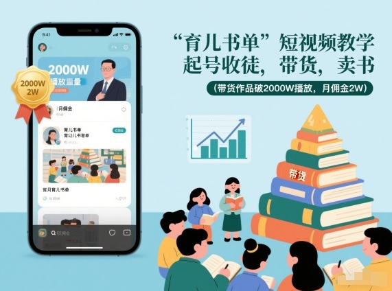 育儿书单短视频教学，起号收徒，带货，卖书(带货作品破2000W播放，月佣金2W)-百川聊项目