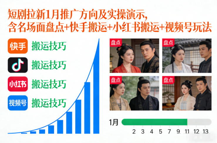 短剧拉新1月推广方向及实操演示，含名场面盘点+快手搬运+小红书搬运+视频号玩法-百川聊项目