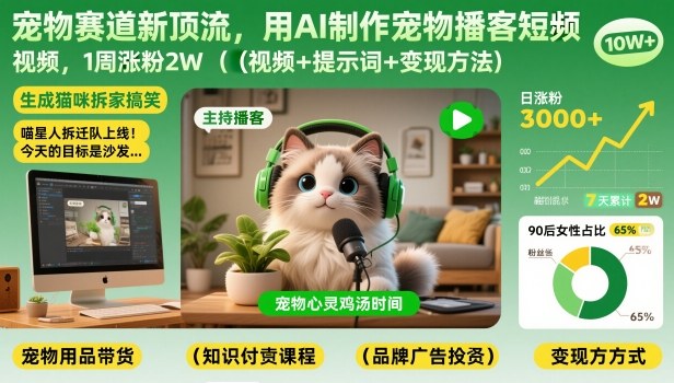 宠物赛道新顶流，用AI制作宠物播客短视频，1周涨粉2W(视频+提示词+变现方法)-百川聊项目