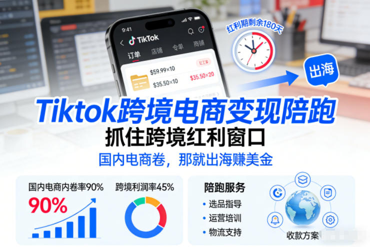 Tiktok跨境电商变现陪跑，抓住跨境红利窗口，国内电商卷，那就出海賺美金-百川聊项目