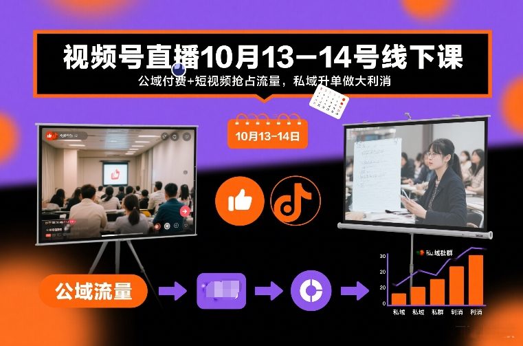 视频号直播10月13-14号线下课，公域付费+短视频抢占流量，私域升单做大利消-百川聊项目