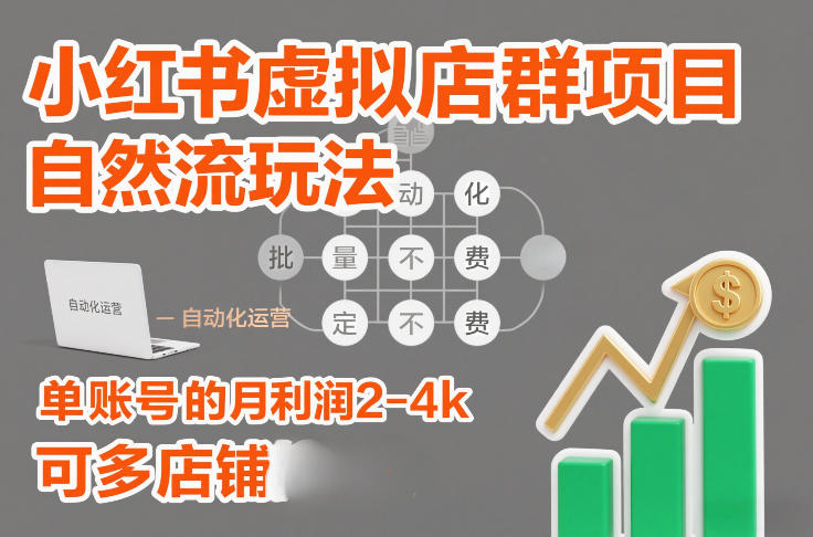 小红书虚拟店群项目，自然流玩法，批量自动化，稳定不费号，单账号的月利润2-4k，可多店矩阵-百川聊项目