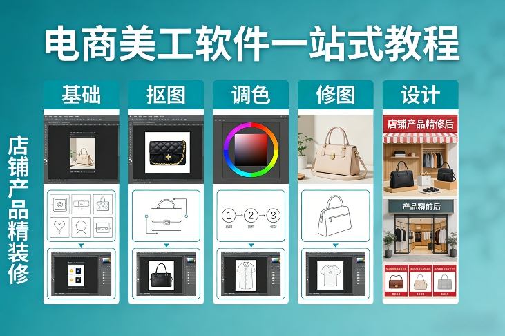 电商美工软件一站式教程，基础/抠图/调色/修图/设计，店铺产品精装修-百川聊项目