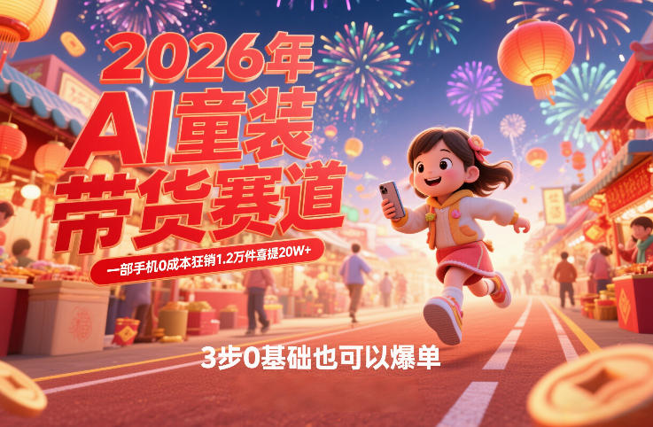 AI童装新春带货赛道，一部手机0成本狂销1.2万件喜提20W+，3步0基础也可以爆单-百川聊项目