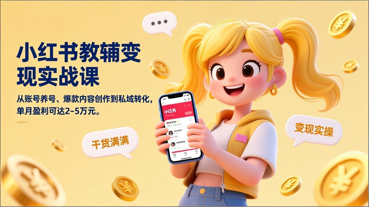 小红书教辅变现实战课，从账号养号、爆款内容创作到私域转化，单月盈利可达2-5万元-百川聊项目