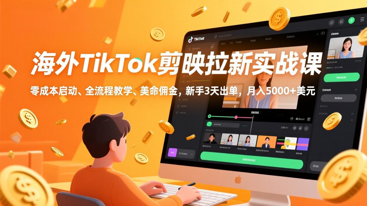 海外TikTok剪映拉新实战课，零成本启动、全流程教学、美金佣金，新手3天出单，月入5000+美元-百川聊项目