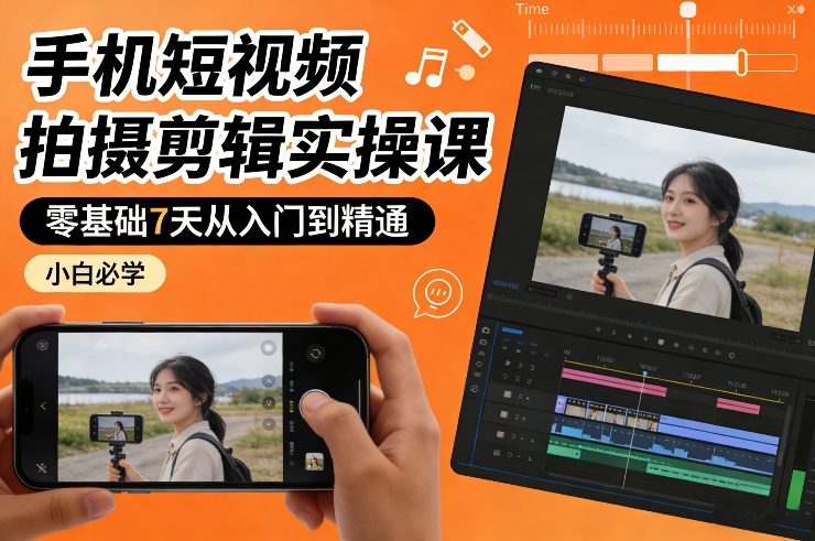 手机短视频拍摄剪辑实操课，零基础7天从入门到精通，小白必学-百川聊项目