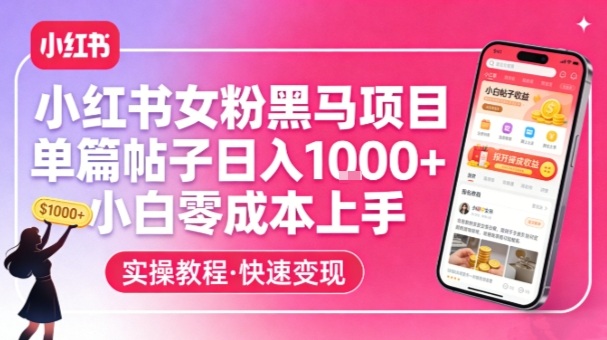 小红书女粉黑马项目，单篇帖子日入1k+，小白零成本上手-百川聊项目