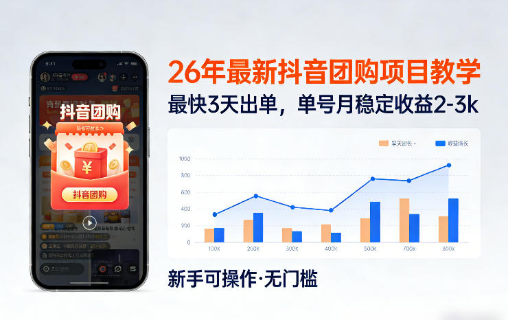 26年最新抖音团购项目教学，0门槛，最快3天出单，单号月稳定收益2-3k-百川聊项目