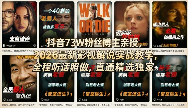 抖音73W粉丝博主亲授，2026最新影视解说实战教学，全程听话照做，直通精选独家-百川聊项目