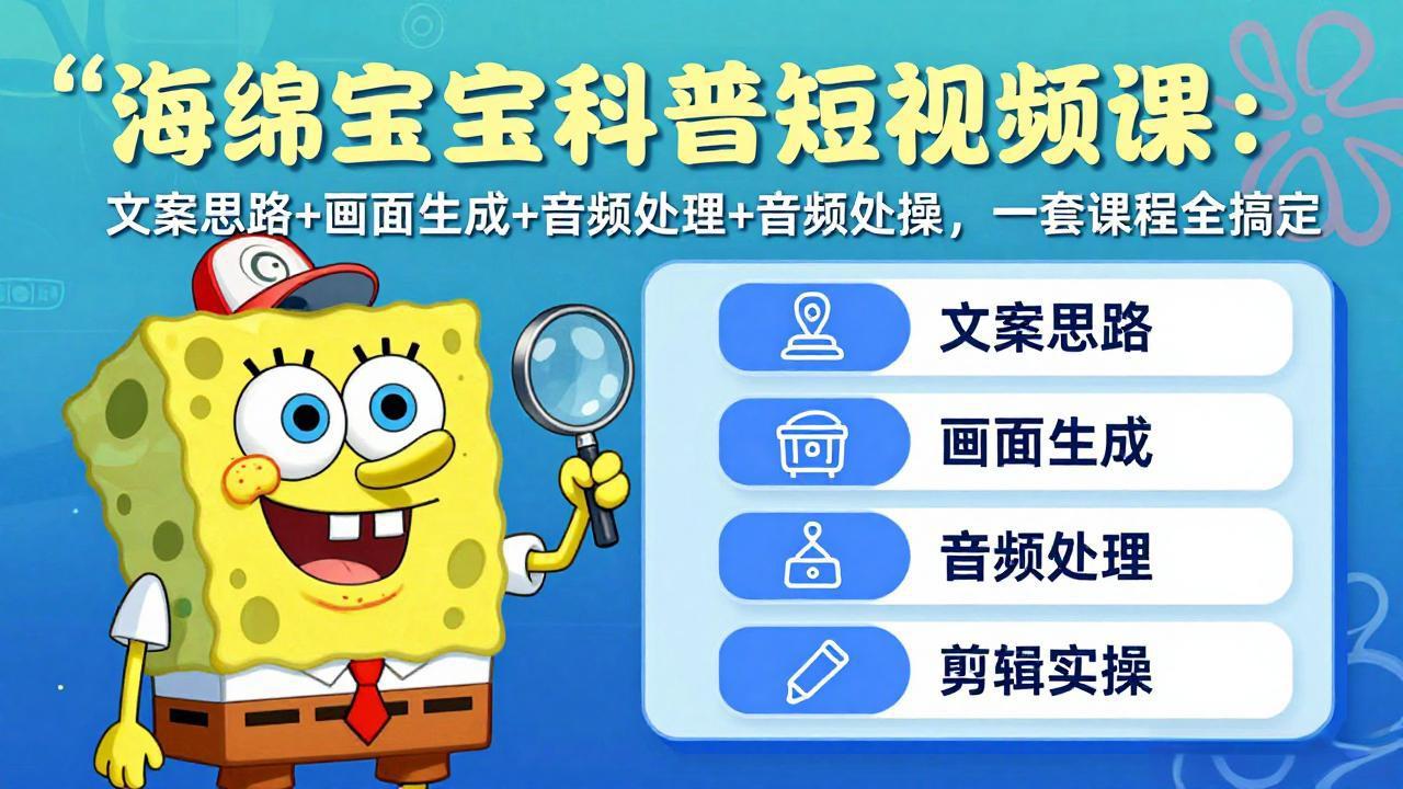 海绵宝宝科普短视频课:文案思路+画面生成+音频处理+剪辑实操,一套课程全搞定-百川聊项目