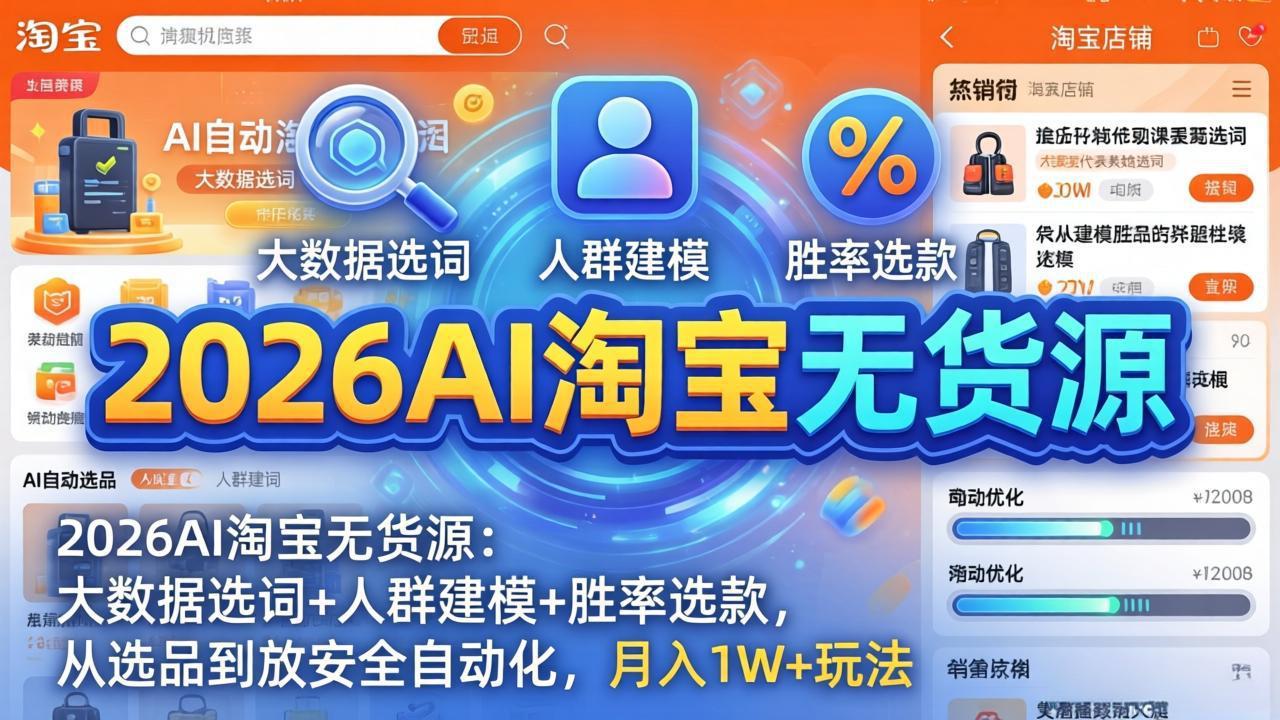 2026AI淘宝无货源：大数据选词+人群建模+胜率选款，从选品到放大全自动化，月入1W+玩法-百川聊项目