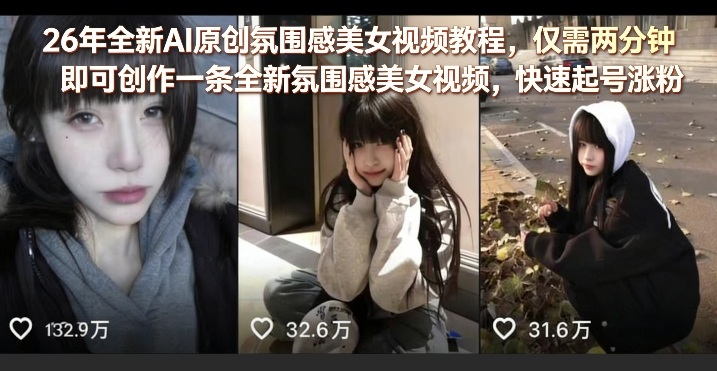 26年全新AI原创氛围感美女视频教程，仅需两分钟即可创作一条全新氛围感美女视频，快速起号涨粉-百川聊项目