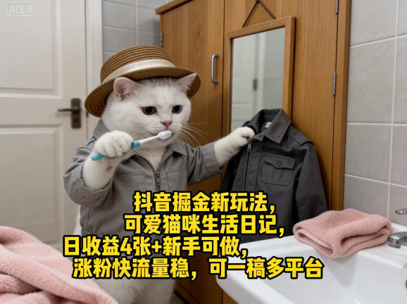 抖音掘金新玩法，可爱猫咪生活日记，日收益4张+新手可做，涨粉快流量稳，可一稿多平台-百川聊项目