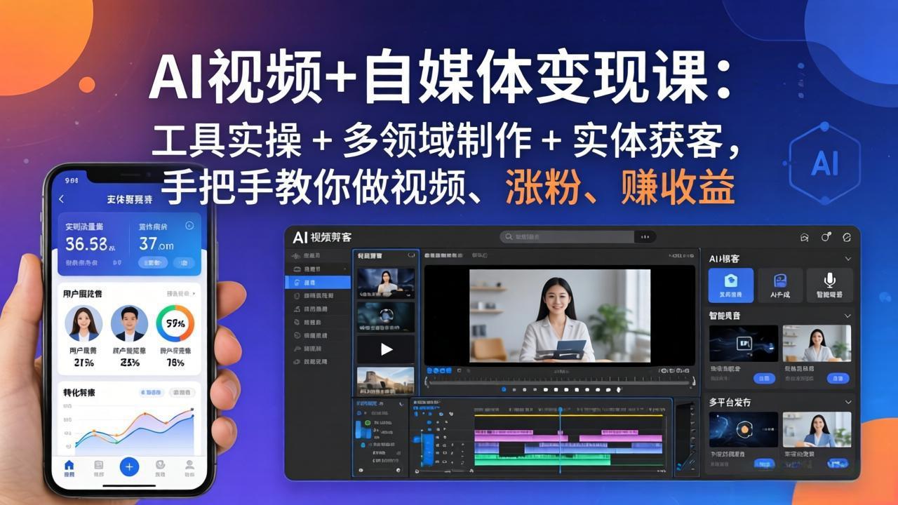 AI视频+自媒体变现课：工具实操 + 多领域制作 + 实体获客，手把手教你做视频、涨粉、赚收益-百川聊项目
