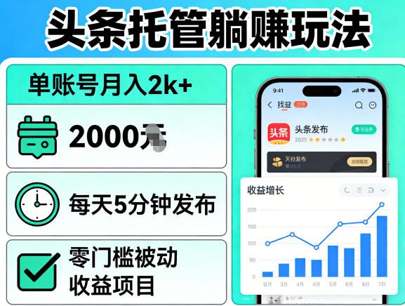 头条托管躺賺玩法，单账号月入2k+，每天5分钟发布即可，零门槛被动收益项目【揭秘】-百川聊项目