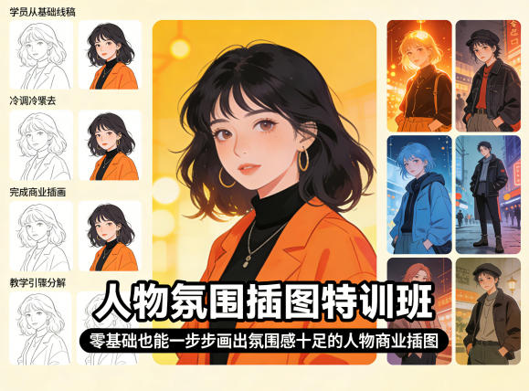人物氛围插图特训班，零基础也能一步步画出氛围感十足的人物商业插图-百川聊项目