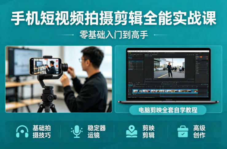手机短视频拍摄剪辑全能实战课：零基础入门到高手，稳定器运镜+电脑剪映全套自学教程-百川聊项目