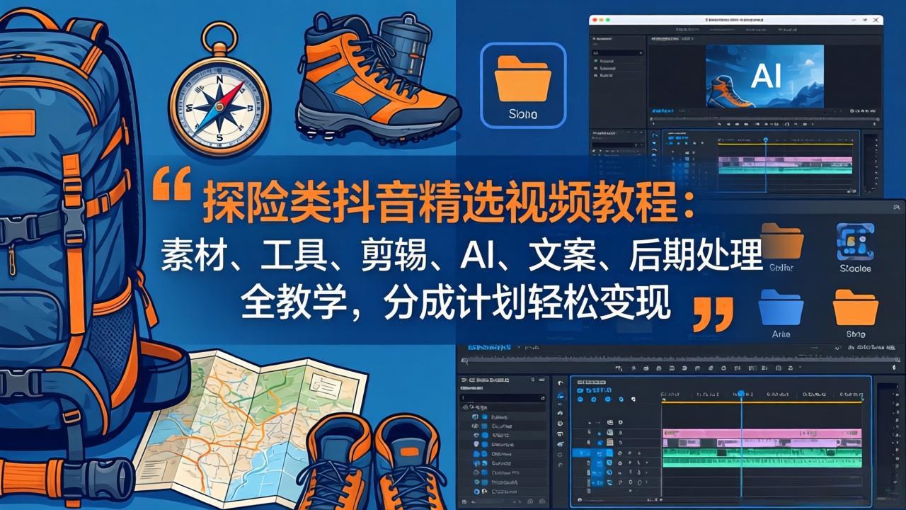 探险类抖音精选视频教程:素材、工具、剪辑、AI、文案、后期处理全教学,分成计划轻松变现-百川聊项目