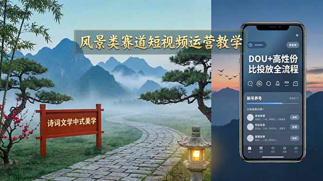 风景类赛道短视频运营教学:诗词文学中式美学,新号养号对标账号定位,DOU+高性价比投放全流程-百川聊项目
