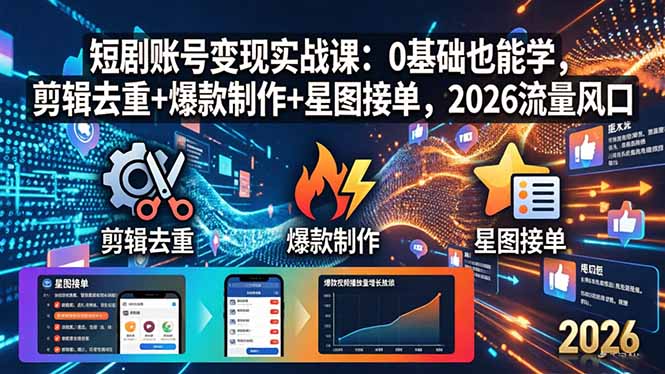 短剧账号变现实战课：0基础也能学，剪辑去重+爆款制作+星图接单，2026流量风口-百川聊项目