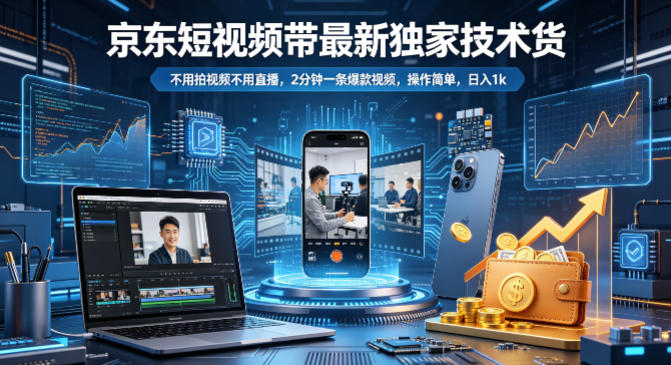 京东短视频带货最新独家技术，不用拍视频不用直播，2分钟一条爆款视频，操作简单，日入1k+【揭秘】-百川聊项目